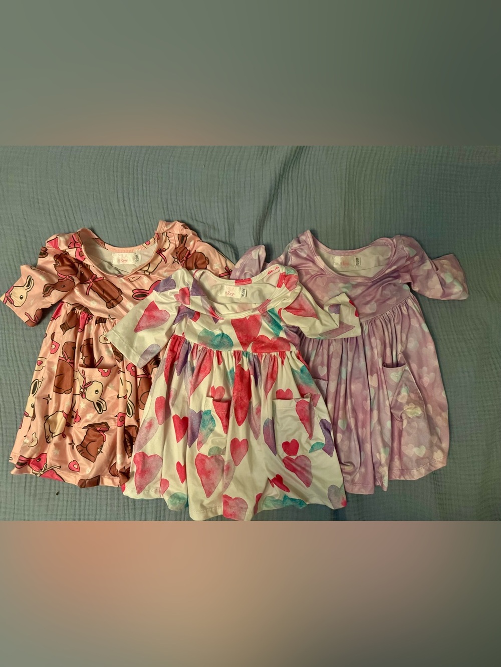 Mila & Rose 3 Dress Bundle 18-24 mos - Hearts (2), Bunny/Chocolate Worn Once